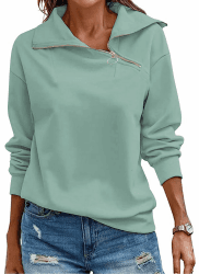 Cuptacc Pullover Damen Sweatshirt Herbst 2024 Quarter Zip Langarm Stehkragen Pullover Loose Einfarbig Casual Oberteile Damen Grün M
