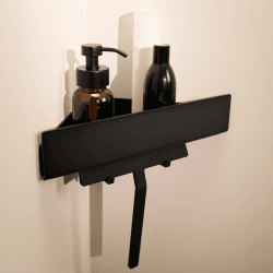 Designfabrik Hamburg Duschablage ohne Bohren | Eckregal Bad | Duschregal ohne Bohren | Kleberegal Bad | Duschkorb selbstklebend | Badaccessoires | Duschablage Ecke Schwarz