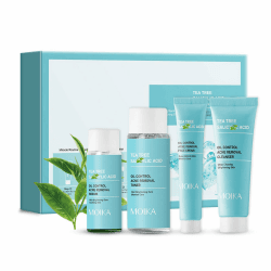 Shefave Teebaum Gesichtspflege Set, Porenreiniger Gesicht Beauty-Geschenkset mit Säure Anti-Akne Gesichtspflege Set für Mädchen und Frauen, Hyaluron Serum, Ölkontrolle, 4-tlg