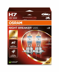 OSRAM NIGHT BREAKER 220, H7, 220% mehr Helligkeit, Halogen-Scheinwerferlampe, 64210NB220-2HB, Faltschachtel (2 Lampen), white