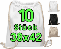 Baumwollbeutel - Turnbeutel 10 Stück 38x42 cm Sportbeutel mit Kordel - Rucksack, Beutel, Jutebeutel Oeko-TEX® geprüft Stoffbeutel Damen & Herren, Kinder - Gym Bag, blanko zum bemalen für Sport & Reise