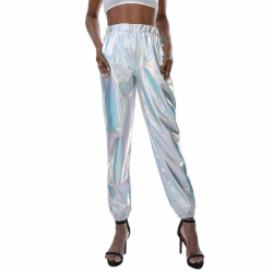 Damen Metallic Hose Glänzend Wetlook Cargohose Sporthose Hologramm Hip Hop Leggings Jogginghose Sweathose Tanzhosen Party Disco Nachtclub Clubwear M Silber