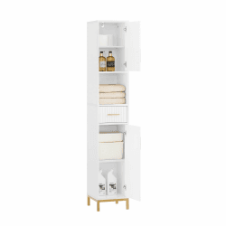 SoBuy Hochschrank mit 2 Türen Aufbewahrungsschrank für Bad Badezimmerschrank mit offenen Fächern schmaler Badschrank Weiß BHT ca. 30x170x30cm BZR181-W