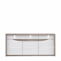 FORTE Saint Tropez Kommode mit 3 Türen, 2 Schubladen, Holzwerkstoff, Weiß Glanz kombiniert mit Sandeiche, 52,7 x 187,4 x 84,4 cm