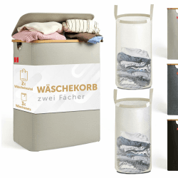 Blumtal Wäschesammler 140 L - Wäschekorb 2 Fächer mit herausnehmbaren Wäschesäcken - Pfandflaschen Aufbewahrung - laundry basket - Wäschekorb beige - Wäschekorb schmal - Wäschekorb klein
