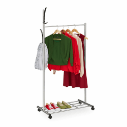 Relaxdays Garderobe mit Rollen, HBT: 165x80x44 cm, Metall, Ablage, mobiler Kleiderständer, Rollgarderobe, silber/schwarz