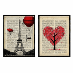 Nacnic Satz von 2 Vintage Enzyklopädie Postern Paris, Je T'aime. Illustrationen von Eiffelturm und Herzbaum im Retro-Stil. A4 ohne Rahmen.