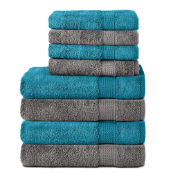 Komfortec 8er Handtuch Set aus 100% Baumwolle, 4 Badetücher 70x140 und 4 Handtücher 50x100 cm, Frottee, Weich, Towel, Groß, Anthrazit Grau/Türkis 4 Handtücher und 4 Badetücher Anthrazit Grau/Türkis