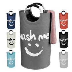 IHOMAGIC Wäschesammler mit Griffen, Freistehend Wäschebehälter, Klappbar Wäschesack mit Smiley-Muster für Schmutzwäsche, Wäschesortierer Aufbewahrungskorb für Wohnzimmer, Wohnungen (115L, Dunkelgrau)