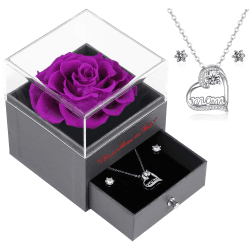 Eaprala Konservierte Ewige Rose mit Halskette Ohrringe Geschenke für Mama, Handgemachte Echte Rose Blume Geschenk-Box für Muttertag Weihnachten Valentinstag, Geburtstag Geschenk für Mama.Lila