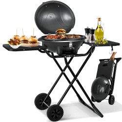 KESSER® elektrischer Elektrogrill 2in1 Tischgrill - Standgrill mit Deckel und Standfuß | max. 2400 Watt | Faltbar | Thermometer | Antihaftbeschichtung | Grillplatte Abstelltische | 2 Räder |