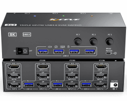 KVM Switch 3 PC 3 Monitore 8K@60Hz 4K@144Hz，MLEEDA HDMI+2 Displayport KVM Switch Triple Monitor für 3 PC Teilen 3 Monitors und 4 USB3.0-Geräte, mit 12V DC Netzteil,Verdrahtet Fernbedienung