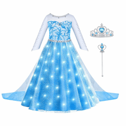ACWOO ELSA Kostüm Mädchen, ELSA Kinder Prinzessin Kleid 6-teiliges Set mit Krone Diadem Handschuhe Zauberstab usw für Halloween Weihnachten Verkleidung Karneval 150 Leuchtender Typ