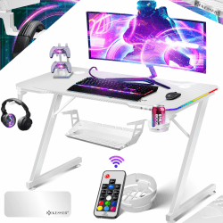 KESSER® Gaming Tisch LED 120cm x 60cm | Z-Form Gamer Schreibtisch | Kopfhörerhaken & Kohlebeschichtung | Ergonomischer PC Computertisch | Stabiler Tisch mit Getränkehalter Weiß
