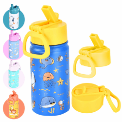 Hydrate Bottles Trinkflasche Kinder Edelstahl - 400ml - Meeresmotiv mit gelbem Deckel - Einhandbedienung - Trinkflasche - wasserflasche -Thermosflasche Kinder - Geeignet für Schule und Sport