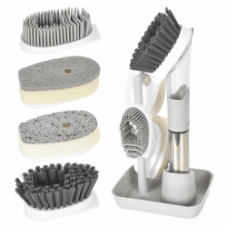 Reinigungsbürste Spülbürste mit Spülmittelspender Multifunktional Seifenspenderbürste Bürste mit 4 Ersatzköpfen und Spülbecken Organize für Geschirr, Töpfe, Pfanne, Spülbecken Reinigung