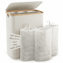 Wäschekorb Mit Deckel, 160L Extra Große Wäschekorb 3 Fächer Schmutzige Kleidung Korb für Wäsche Mit Abnehmbaren Wäschesäcken, Körbe für Schlafzimmer, Waschküche, Beige