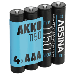 ABSINA AAA Akku 1150 NiMH 4er Pack - Akku AAA Micro mit 1,2V & min. 1050 mAh - AAA Akkus wiederaufladbar für Geräte mit hohem Stromverbrauch - Batterien AAA wiederaufladbar ideal für DECT Telefon