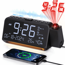 Radiowecker mit 320° Projektor, Digitaluhr für Schlafzimmer, USB/Type-C-Anschluss, Doppelalarm mit Wochenend/Wochentagsmodus, Snooze, Dimmer, Batterie-Backup, Projektionswecker, Nachtlicht