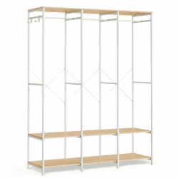 SONGMICS Kleiderschrank offen, Kleiderständer, Garderobenständer, Garderobe mit Kleiderstange, Ablagen, abnehmbare Haken, 40 x 141 x 180 cm, naturbeige RGR005W67