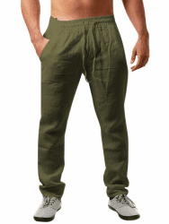 Runcati Herren Leinenhose Einfarbiges Lang Leicht Sommerhose Loose Fit Freizeithose mit Kordelzug für Urlaub Strand Alltag L Grün