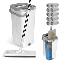 Masthome Wischmopp Set mit Eimer,Bodenwischer Set mit 10 Mikrofaser Pads und Langem Edelstahl Griff,Putzeimer mit Wischmop,Wischmopp mit Auswringfunktion für Alle Böden,Weiß