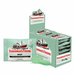 Fisherman's Friend Mint, 24er Vorratsbox, Pfefferminze und Menthol Geschmack, mit Zucker & vegan, Bonbons für frischen Atem, 24 x 25g