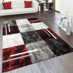 Paco Home Teppich Wohnzimmer Kurzflor Schlafzimmer Moderne Vintage Optik Geometrisches Muster Kariert 3D Effekt Konturenschnitt, Grösse:80x300 cm, Farbe:Grau-Rot