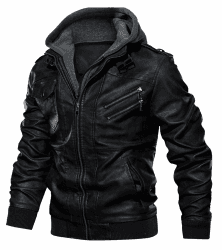 Uusollecy Herren Lederjacke, Abnehmbarer Kapuze Hooded Leather Jacket Mit Reißverschluss L Schwarz