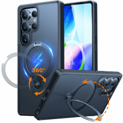 TORRAS 360° Ostand Spin für Samsung Galaxy S25 Ultra Hülle (Magnetischer Robust Standring) TOP Militärschutz Stoßfest Kratzfeste Matt Durchscheinende Rückseite Hülle Samsung S25 Ultra Case Schwarz