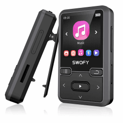 SWOFY Clip MP3 Player mit Bluetooth 5.0, 32GB Mini MP3 Player Sport mit Schrittzähler, Radio FM, Sprachaufzeichnung, Portable Musik Player für Kinder, Unterstützt bis 128GB SD Karte (Schwarz)