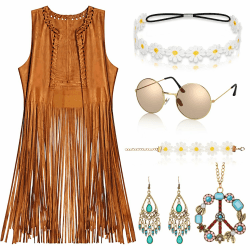 Alintor Hippie Kostüm Damen, Faschingskostüme Damen mit Hippie Accessoires Damen, Karneval Kostüm Damen, 70er Jahre Bekleidung Damen, Karneval Kostüm Damen mit Hippie Brille, Hippie Weste Flower Power