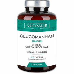 Glucomannan Konjak | Appetitzügler mit Cholin-Bitartrat, Chrom-Picolinat und Vitaminen B3 und D3 | 120 Kapseln | NUTRALIE