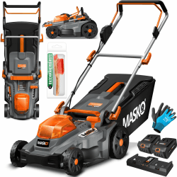 MASKO® Rasenmäher mit Mulchfunktion inkl. 2X Akkus Li-Ion Batterie 4Ah & Doppel-Ladegerät – Rasentrimmer Schnittbreite 43cm, 6-fache 25-75mm Schnitthöhenverstellung Fangkorb 55L bis 650m² Flächen