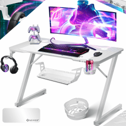 KESSER® Gaming Tisch 100cm x 60cm | Z-Form Gamer Schreibtisch | Kopfhörerhaken & Kohlebeschichtung | Ergonomischer PC Computertisch | Stabiler Tisch mit Getränkehalter Weiß
