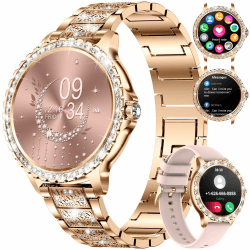Smartwatch Damen Bluetooth Anrufe für Android iOS Smart Watch Damen 100+ Sport Activity Tracker Smartwatch 1,32" HD Touch Screen Herzfrequenz Schlaf Monitor Diamant Rosegold Stahl Frauen Smartwatch