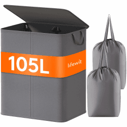 Lifewit 105L Wäschekorb mit 2 Fächern, Faltbarer großer Wäschekorb mit Deckel und 2 herausnehmbaren Wäschesäcken für Kleidung, Wäsche, Bad, Grau