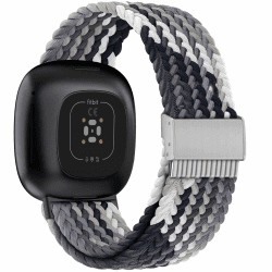 TINICR Geflochtenes Solo Loop Armband Kompatibel mit Fitbit Versa 4/Fitbit Sense 2/Fitbit Versa 3/Fitbit Sense Armband, Elastisches Verstellbares Nylon Sport Armbänder Farbverlauf Schwarz-Grau