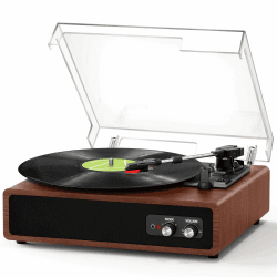 Plattenspieler, FYDEE Vinyl Plattenspieler mit Eingebauten Stereo-Lautsprechern, Bluetooth Schallplattenspieler mit Sender, 3 Geschwindigkeiten 33/45/78 RPM, Unterstützt RCA und AUX, Nussbaum