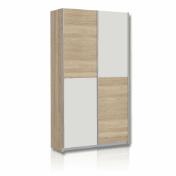 FORTE Ohio 40 Mehrzweckschrank modern, 2-türig mit Einlegeböden, Schwebetürenschrank, Garderobenschrank, Holzwerkstoff, Weiß mit Holz Dekor Sonoma Eiche, 120 cm breit x 42 cm tief x 190,5 cm hoch