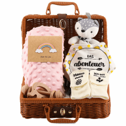 Baby Geschenk Mädchen, Neugeborenen Geschenk,Rodelna Baby Geschenkset, Baby geschenkkorb 7 in 1 Set - mit Decke, Schmusebeißtuch, Holzrassel mit Elefantenanhänger, Lätzchen, Socken, Souvenir-Box