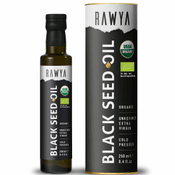 RAWYA Schwarzkümmelöl, extra starker Geschmack, hoher TQ, kaltgepresstes Nigella Sativa-Öl, gentechnikfrei, Schwarzkümmelsamenöl, Kalonji-Öl, Nigella-Öl, rein und natürlich, Glasflasche, 250 ml
