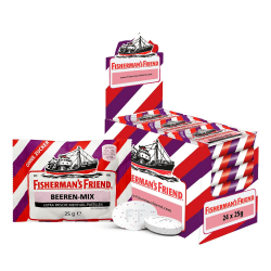 Fisherman’s Friend Beeren Mix, 24er Vorratsbox, Exklusive Sorte: Wild-fruchtiger Beeren Mix, zuckerfrei, vegan, Bonbons für frischen Atem, 24 x 25g