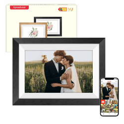 Digitaler Bilderrahmen Holz WLAN, 10.1" Elektronischer Bilderrahmen 32GB Speicher, 1280*800 IPS Touchscreen Auto-Rotate, Fotos/Videos sofort über Frameo APP Teilen,Hochzeit Geschenke für Frauen/Männer
