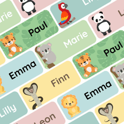 Klebekerlchen® Namensaufkleber für Kinder (60 Stück), Kleidung & Gegenstände Namensschilder personalisiert und waschmaschinenfest, Schule und Kindergarten - Dschungel-Tiere