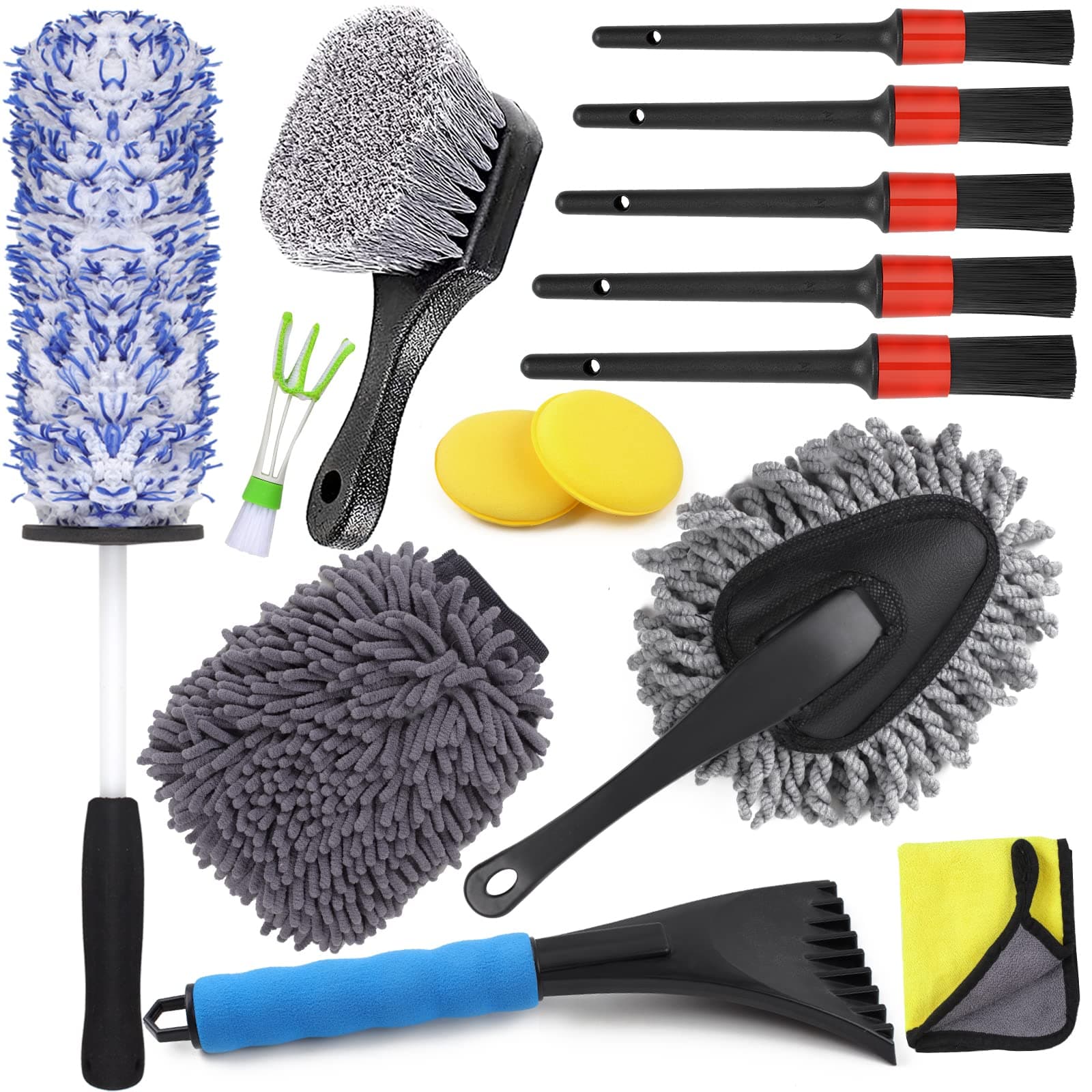 14er Auto Reinigungsbürsten Pinsel Set mit Autoreifenbürste Eiskratzer Auto Autodetaillierungsbürsten Mikrofasertuch Autowaschhandschuh Car Duster Brush für Außen oder Innenreinigung von Fahrzeugen