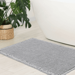 WONGS BEDDING Waffel Badematte,Super Saugfähige Badezimmerteppich,rutschfeste Badteppich für Badezimmerboden Badvorleger Waschbar mit Quasten Ultraweich,Grau 80x50cm