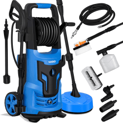 MASKO® Hochdruckreiniger 2200 Watt 165 bar 450 l/h, mit Spule Schlauchtrommel 10m Schlauch 9.TLG. Zubehör Set, mit Seifenflasche Schaumdüse, Hochdruckpistole für Autos/Zäune/Garten/Patios/Pool Blau
