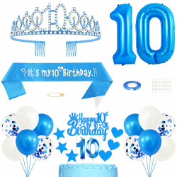 10. Geburtstag Dekoration Mädchen Geburtstags Königin Tiara Prinzessin Kronen 10th Geburtstag Schärpe 10 Jahre Alte Birthday Kuchendeko Zahl Kerzen Ballons Set für Girls Geburtstagsparty Dekor, Blau