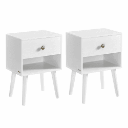 VASAGLE Nachttisch, 2er Set, Beistelltisch mit Schublade und offener Ablage, Holzbeine, Couchtisch für Wohnzimmer, Schlafzimmer, Sofa, schneeweiß LET855W01